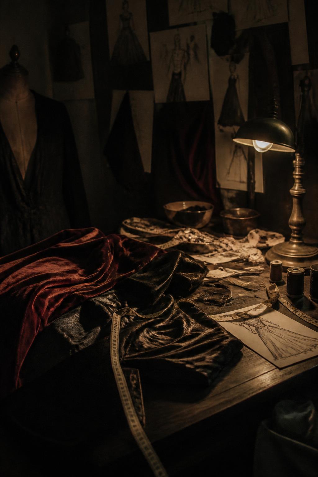 A costume designer's worktable in low warm light, draped with burgundy velvet and dark silk.
