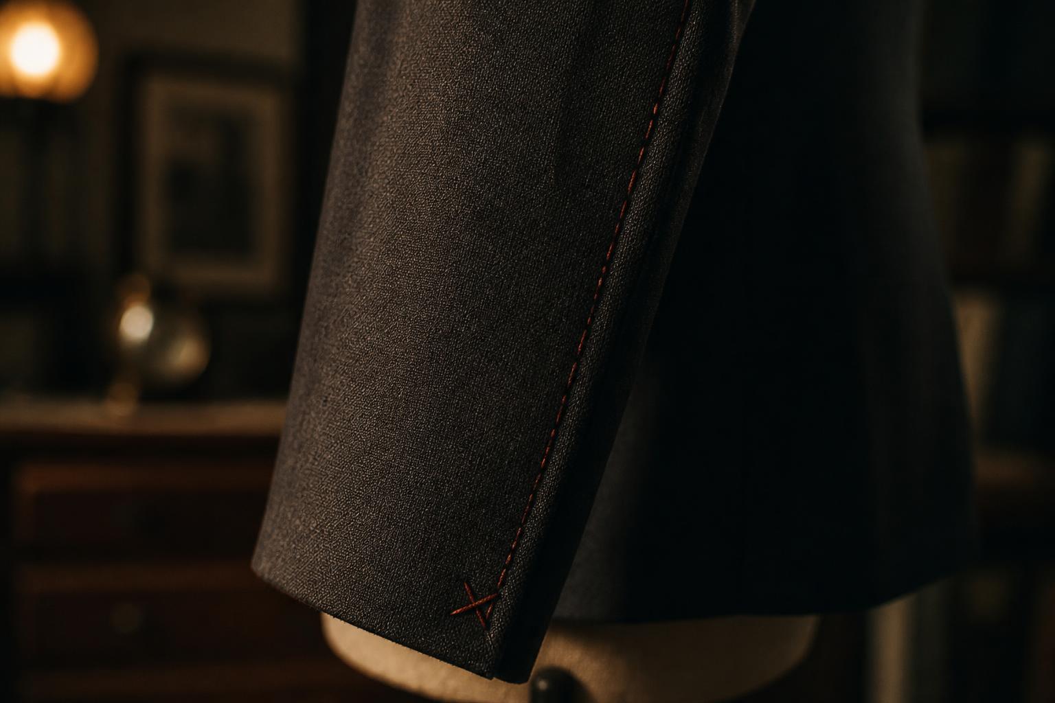 Close-up of a hand-stitched sleeve with a rust-red pick stitch on charcoal wool.